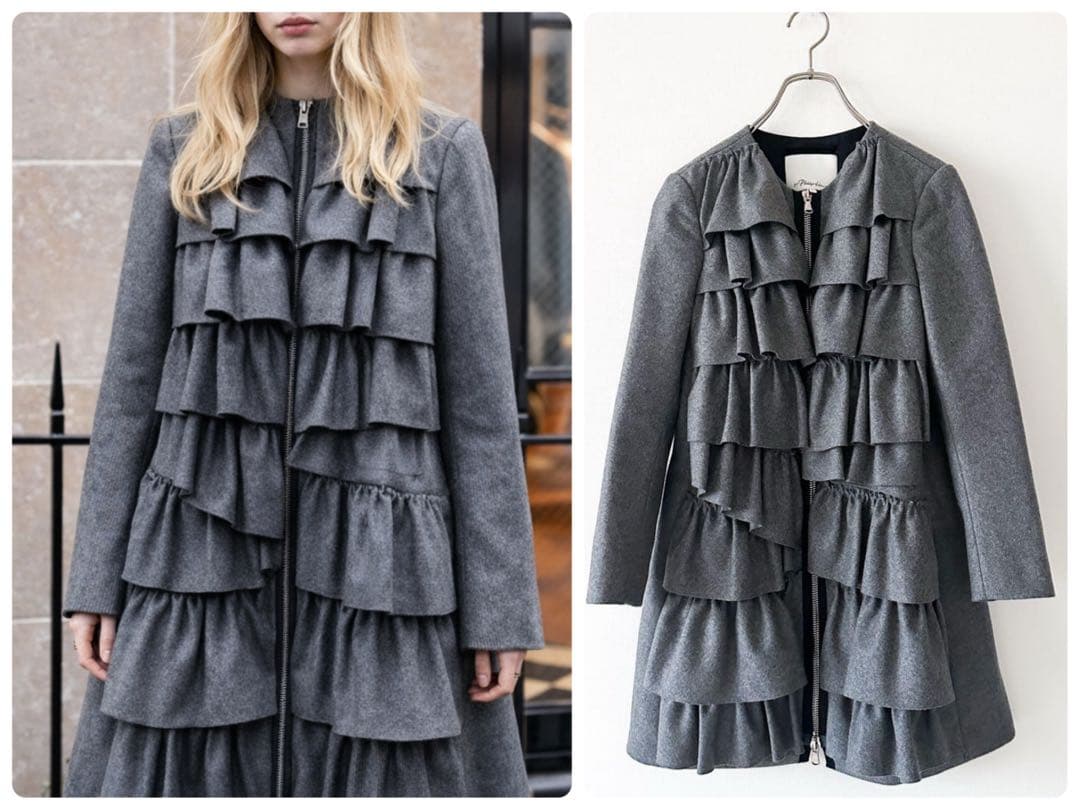 3.1 Phillip Lim フリルコート ウール グレー シルク裏地 ロング