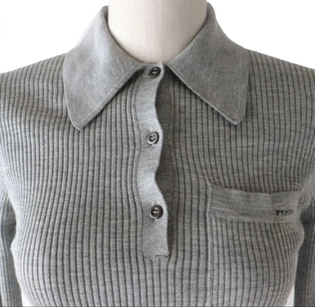 PRADA プラダ クロップド丈 半袖 ニット ポロシャツ グレー 36