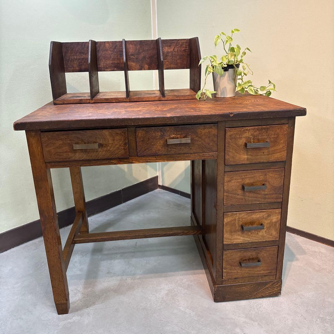 昭和レトロ｜無垢材の片袖机　アンティーク　デスク 木製　机　学習机