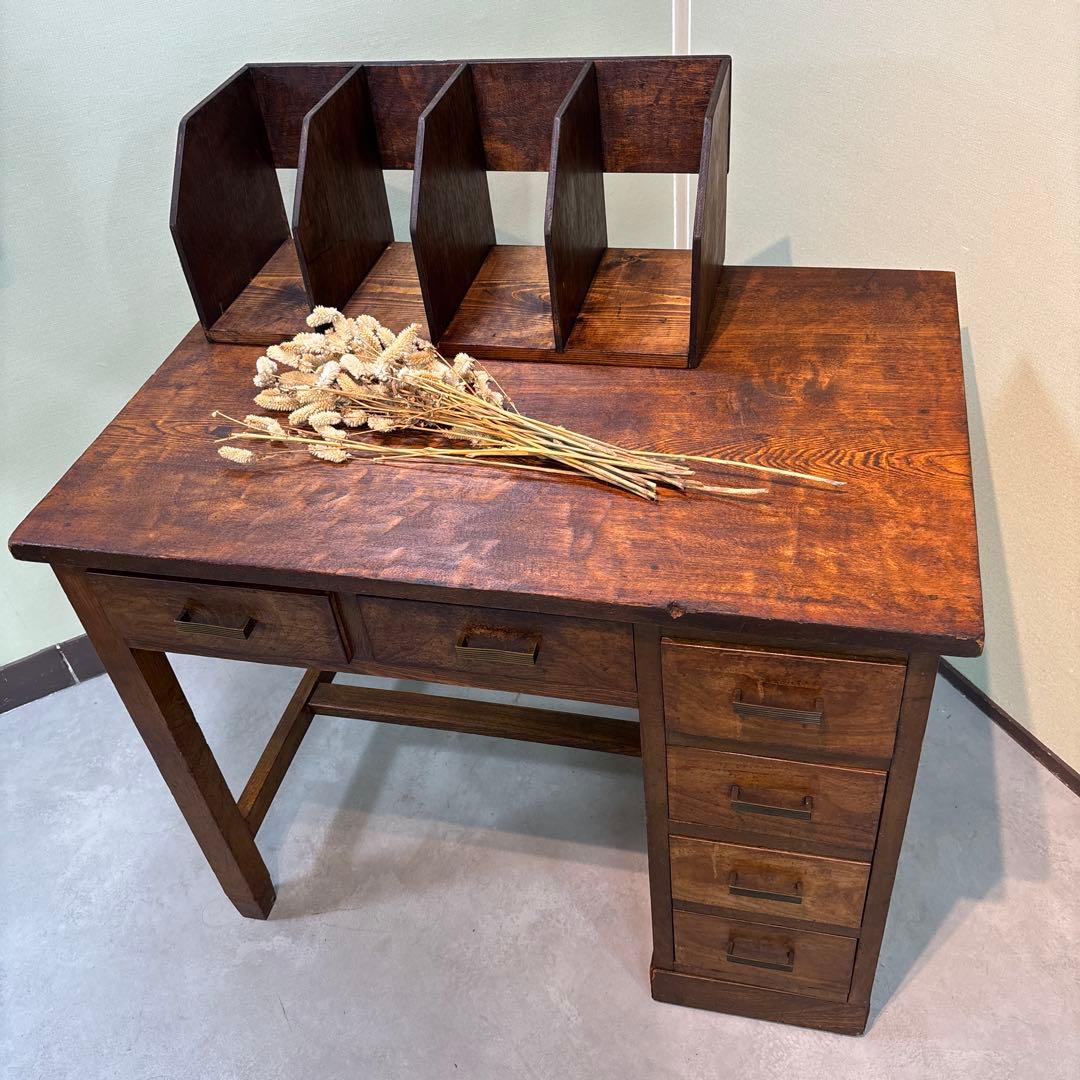 昭和レトロ｜無垢材の片袖机　アンティーク　デスク 木製　机　学習机