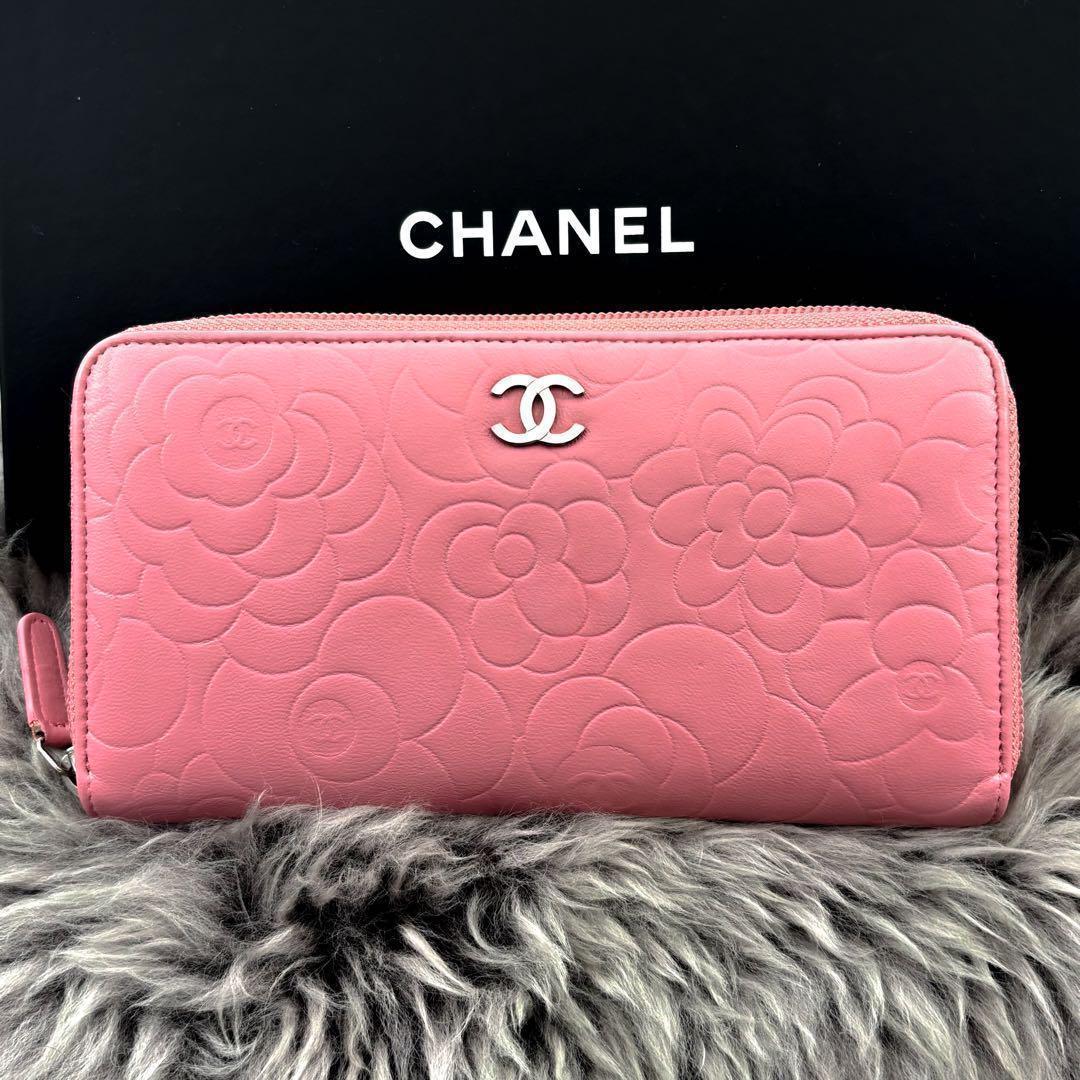 【極美品✨】シャネル 長財布 カメリア 型押し ラウンドジップ PI