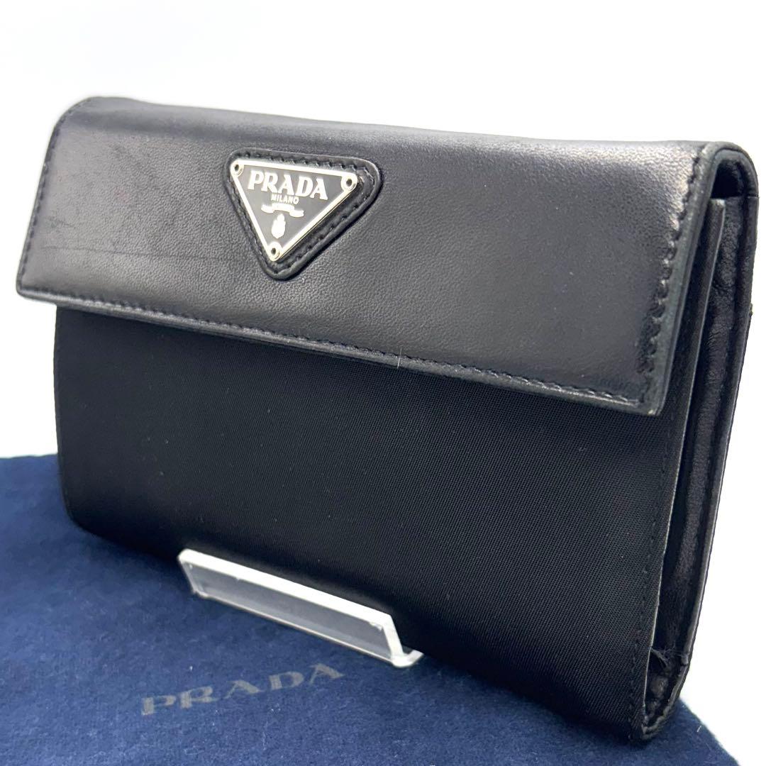 美品　プラダ　ナイロン/レザーブラック三つ折り財布　三角ロゴ　レディース　メンズ