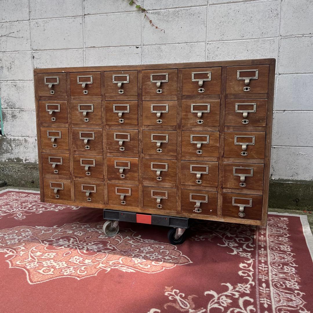 アンティーク古家具◾️引き出し30杯 木製図書カード入れ 収納棚 木製棚
