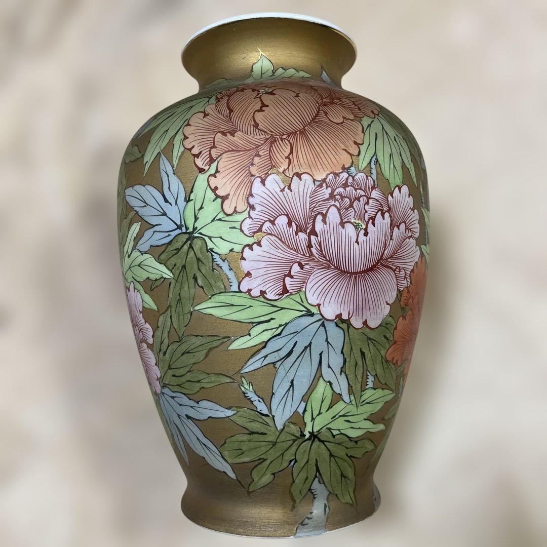有田焼 憲山窯 金濃色絵牡丹文 大花瓶 飾壷 高30cm