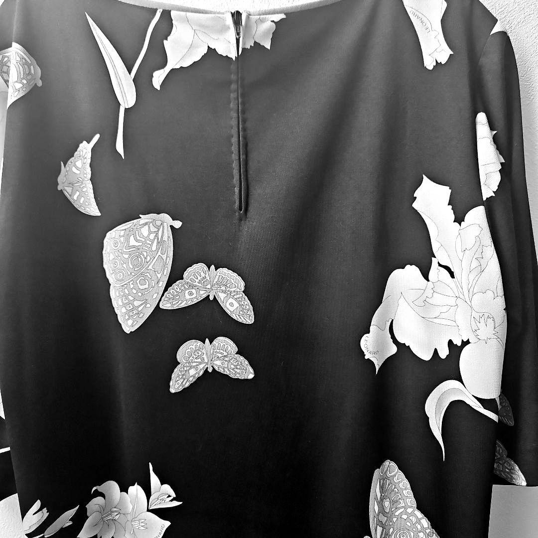 LEONARDブラック 花柄 五分袖チュニック