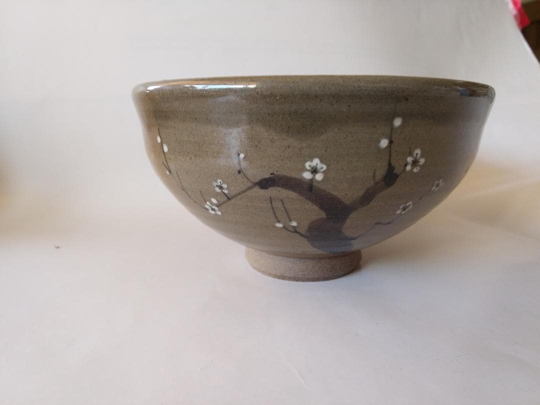 虫明焼 曙窯 色絵 白梅 茶碗 共箱 共布 栞 茶道具 抹茶碗 新品 未使用品