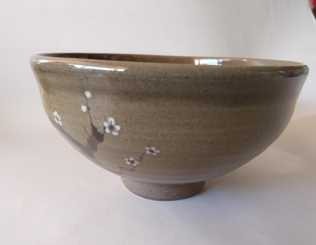 虫明焼 曙窯 色絵 白梅 茶碗 共箱 共布 栞 茶道具 抹茶碗 新品 未使用品