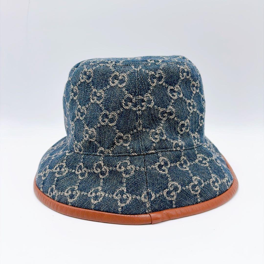 グッチ キャンバス バケットハット ブルー ブラウン キャンバス コットンデニム