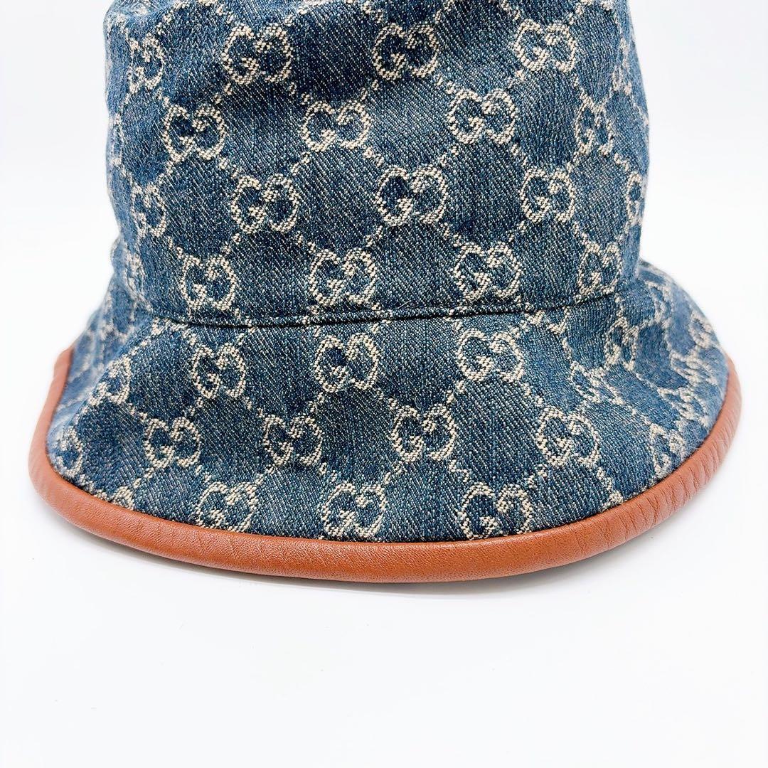 グッチ キャンバス バケットハット ブルー ブラウン キャンバス コットンデニム