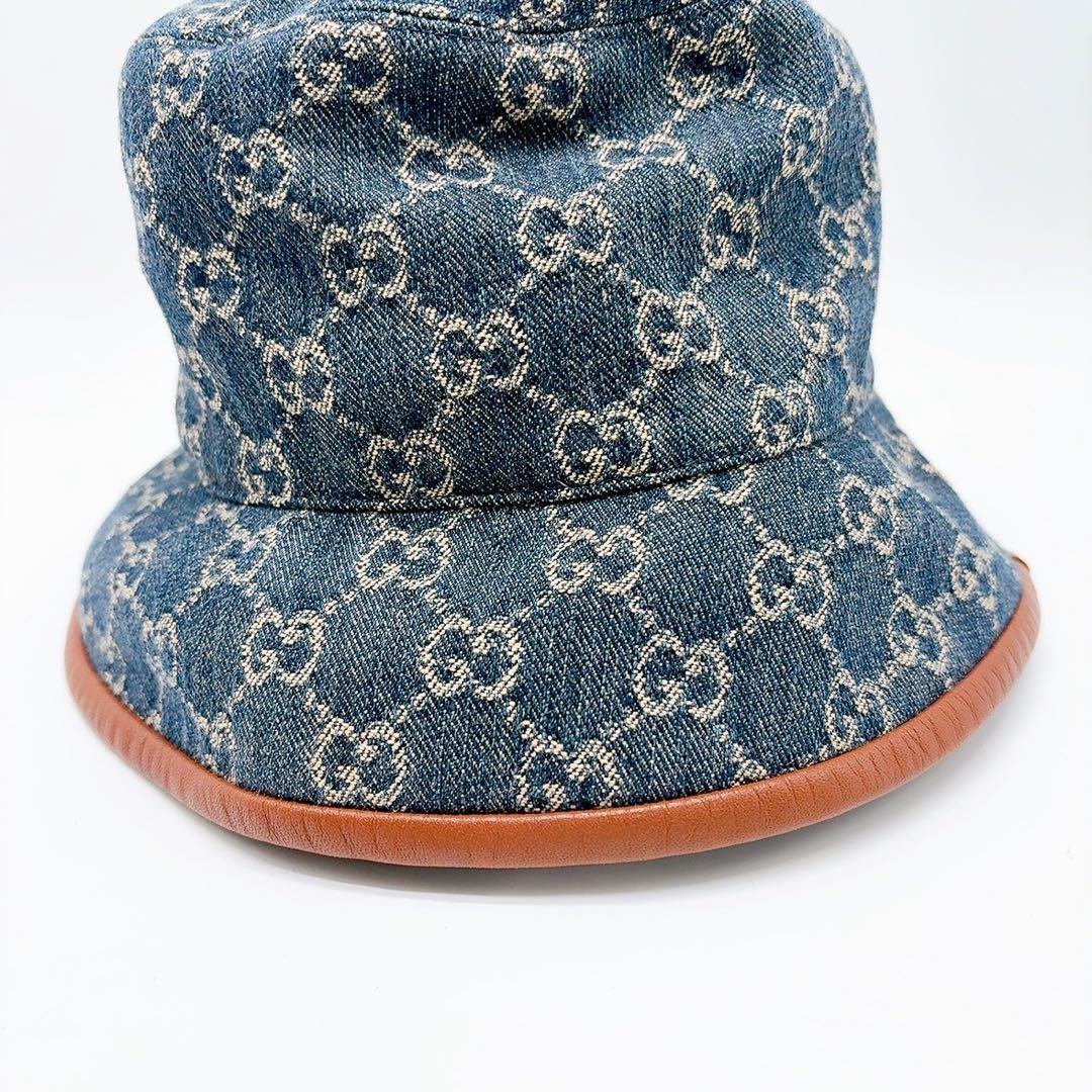 グッチ キャンバス バケットハット ブルー ブラウン キャンバス コットンデニム