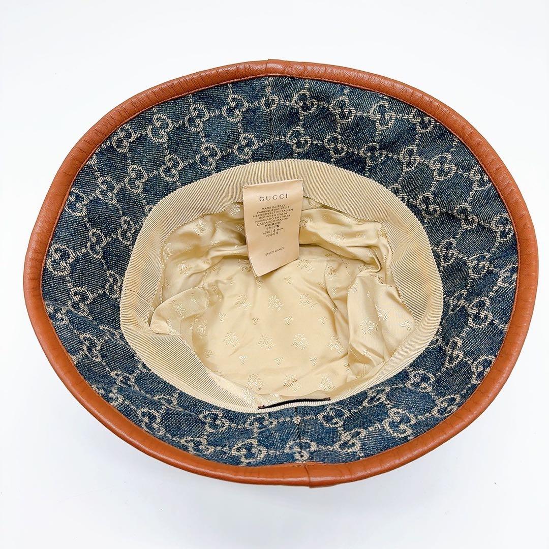 グッチ キャンバス バケットハット ブルー ブラウン キャンバス コットンデニム