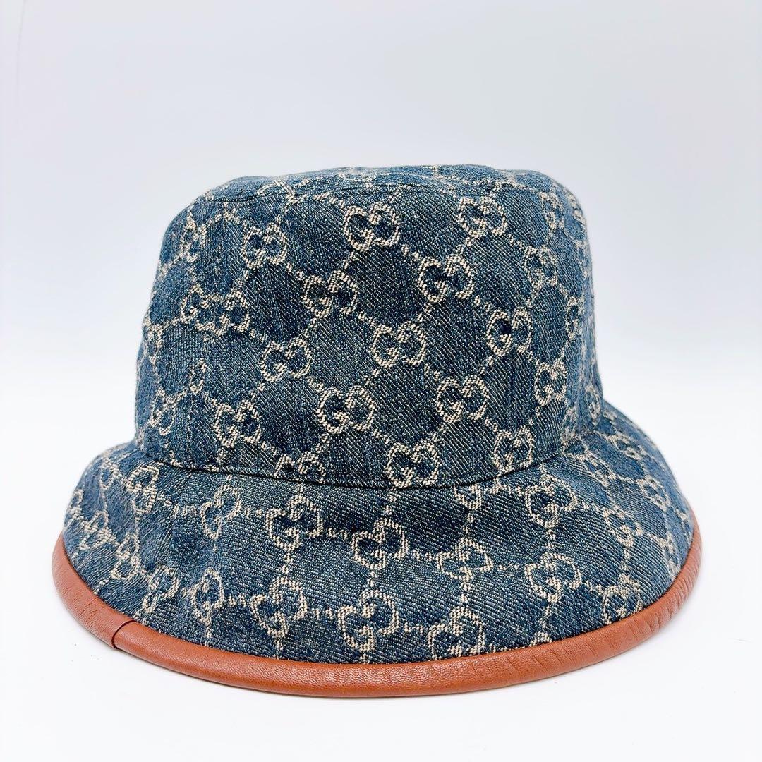 グッチ キャンバス バケットハット ブルー ブラウン キャンバス コットンデニム