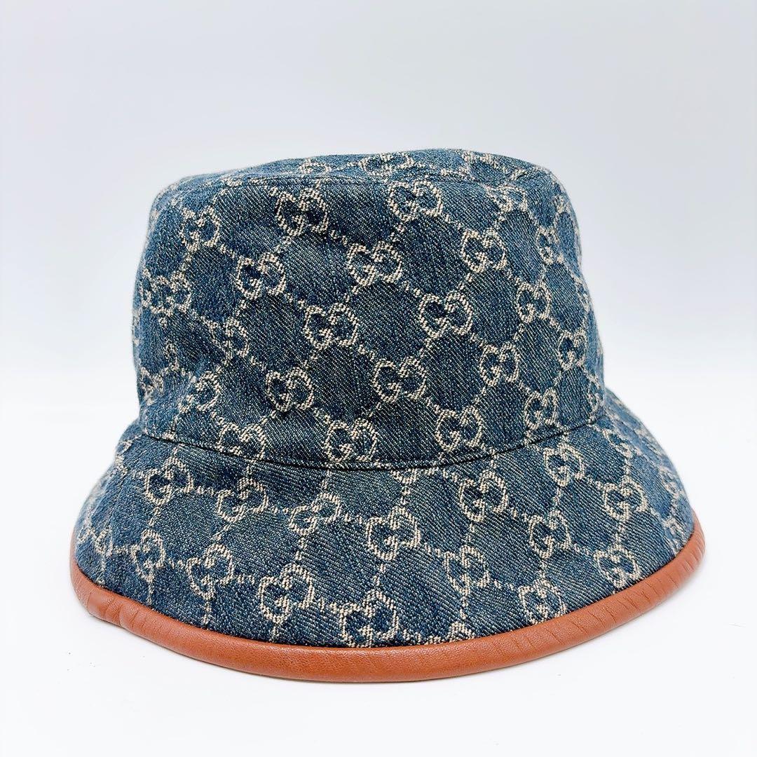 グッチ キャンバス バケットハット ブルー ブラウン キャンバス コットンデニム