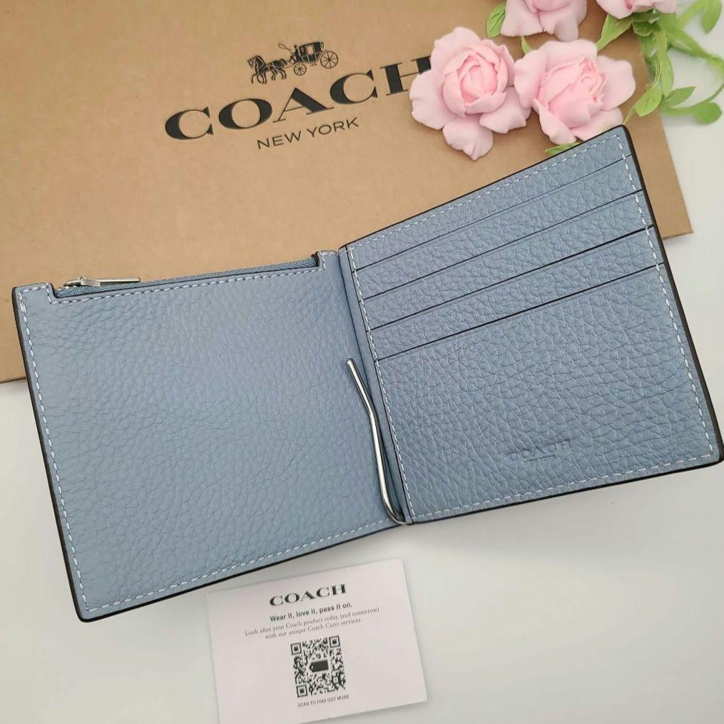 新新商品　COACH　コーチ　マネークリップ　折り財布　正規　ライトブルー