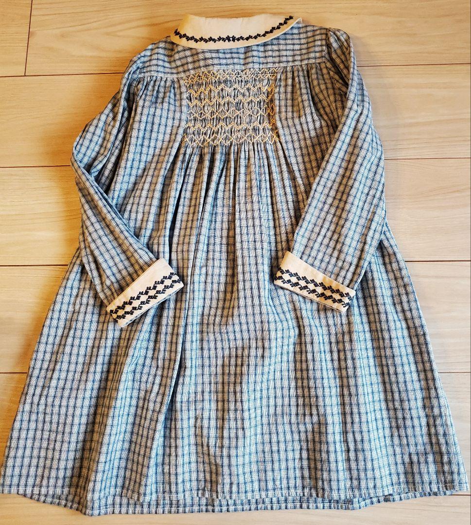 Apolina 刺繍 青チェックワンピース7-9y