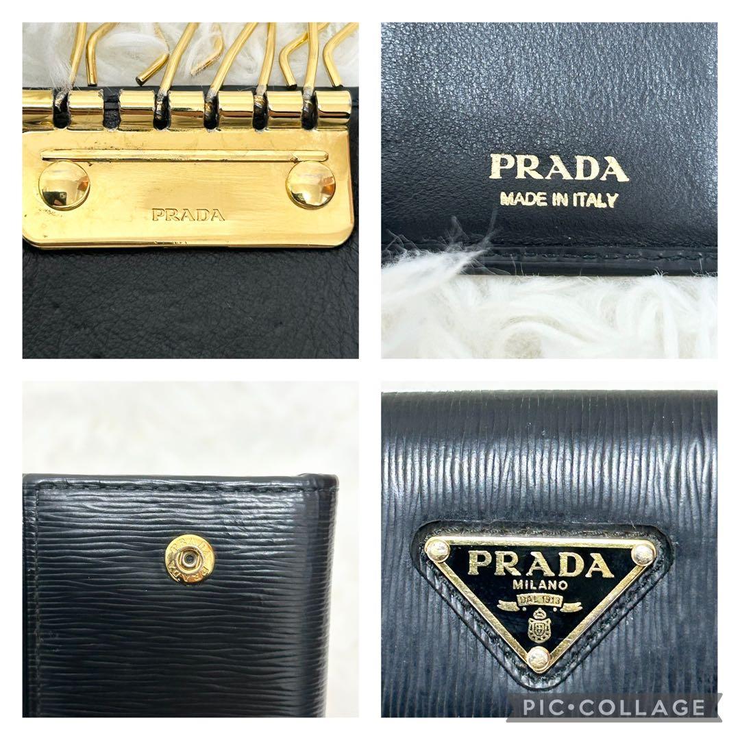 プラダ キーケース 三角ロゴプレート レザー Wホック　ブラック