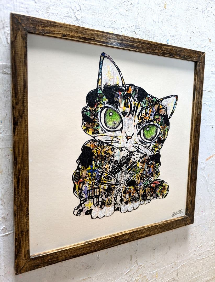 手作り額付作品　「きらめきニャンコ」