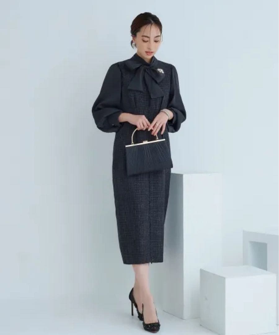 RUIRUEBOUTIQUEミックスツイードコンビ・ロングナローワンピースドレス
