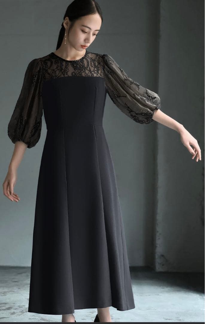 美品◆GIRL レース切り替えパフスリーブ ロングドレスL オケージョン 結婚式