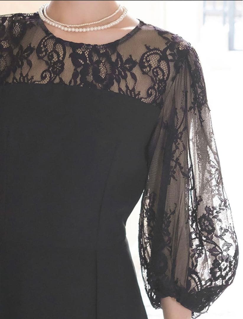 美品◆GIRL レース切り替えパフスリーブ ロングドレスL オケージョン 結婚式