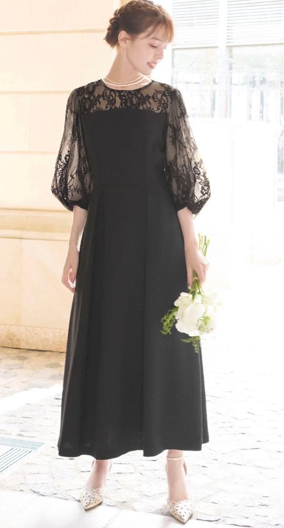 美品◆GIRL レース切り替えパフスリーブ ロングドレスL オケージョン 結婚式