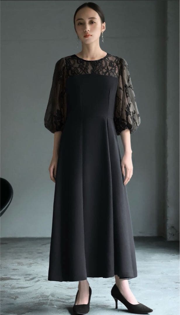 美品◆GIRL レース切り替えパフスリーブ ロングドレスL オケージョン 結婚式