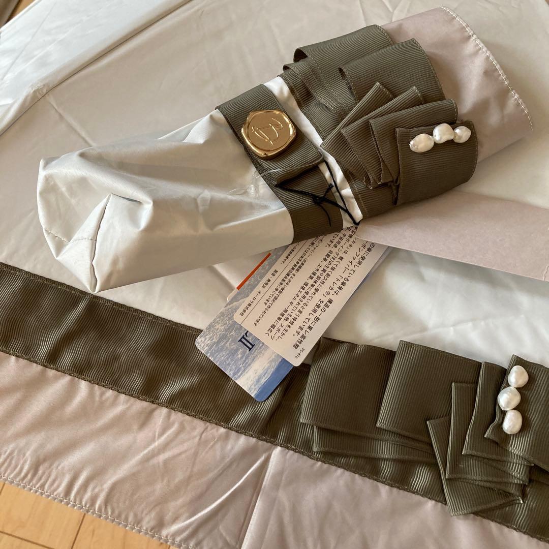 ビューランス　サマーシールド　グログランリボン晴雨兼用の日傘　カーキ×ホワイト