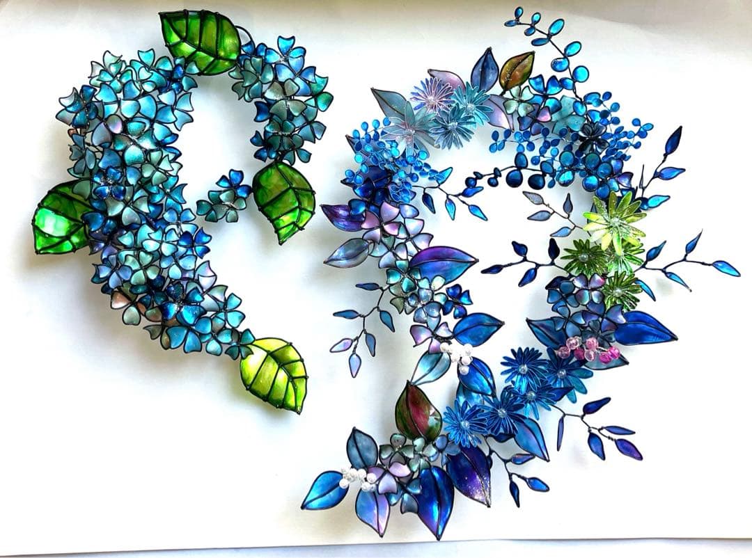 紫陽花リース　青ボタニカルリース　ワイヤークラフト　ディップアート　壁飾り