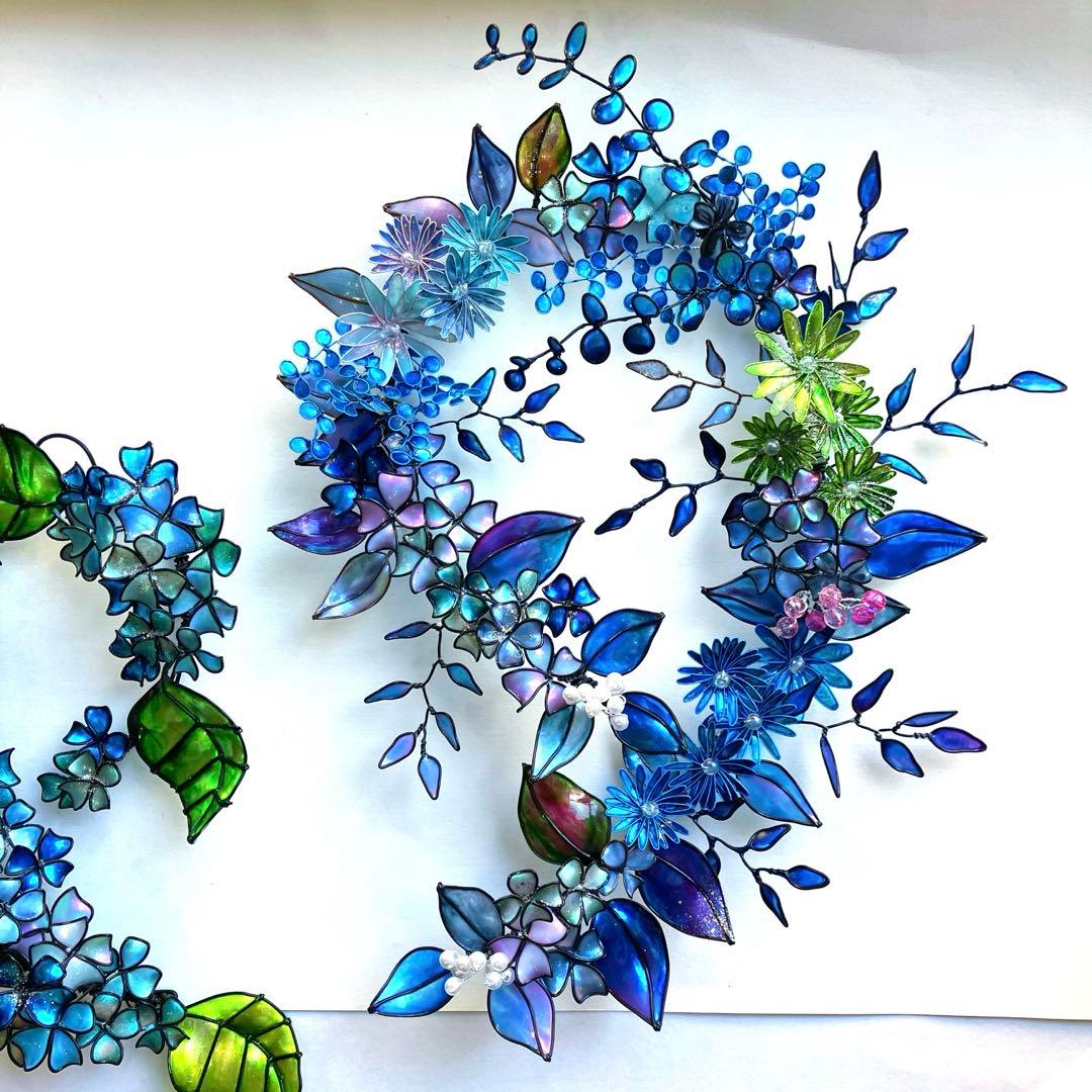 紫陽花リース　青ボタニカルリース　ワイヤークラフト　ディップアート　壁飾り