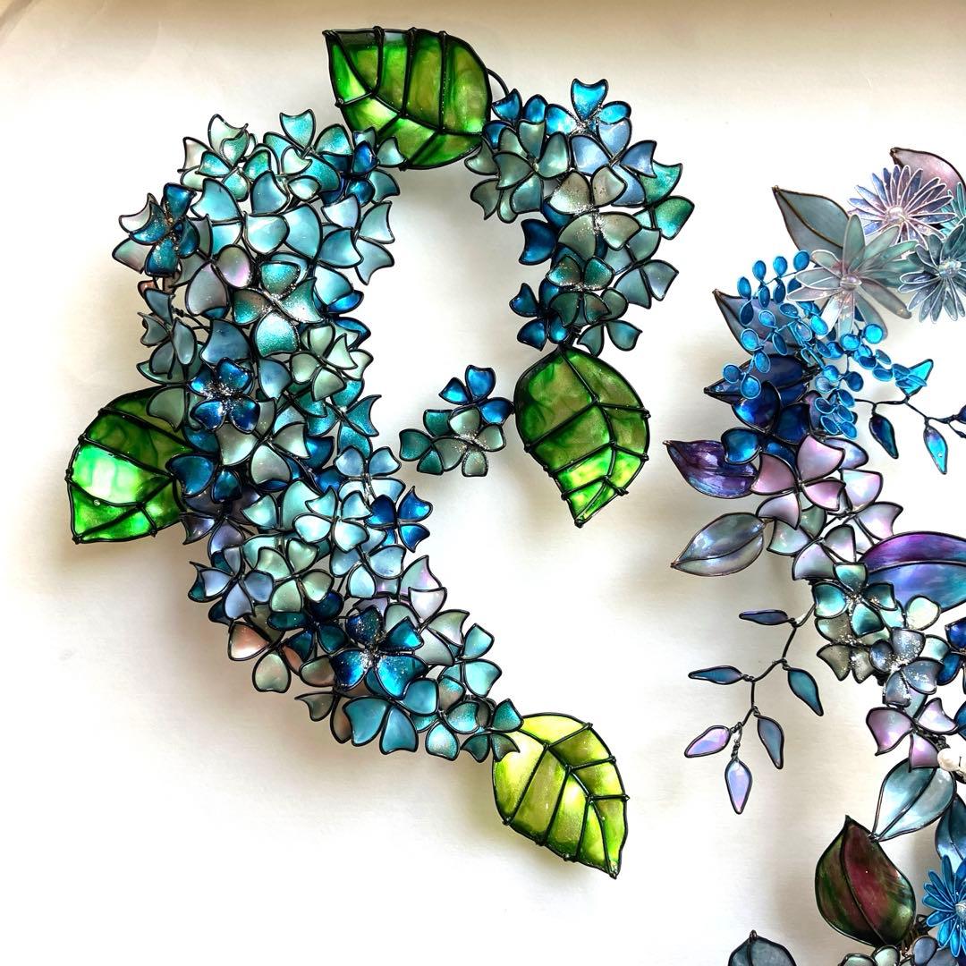 紫陽花リース　青ボタニカルリース　ワイヤークラフト　ディップアート　壁飾り