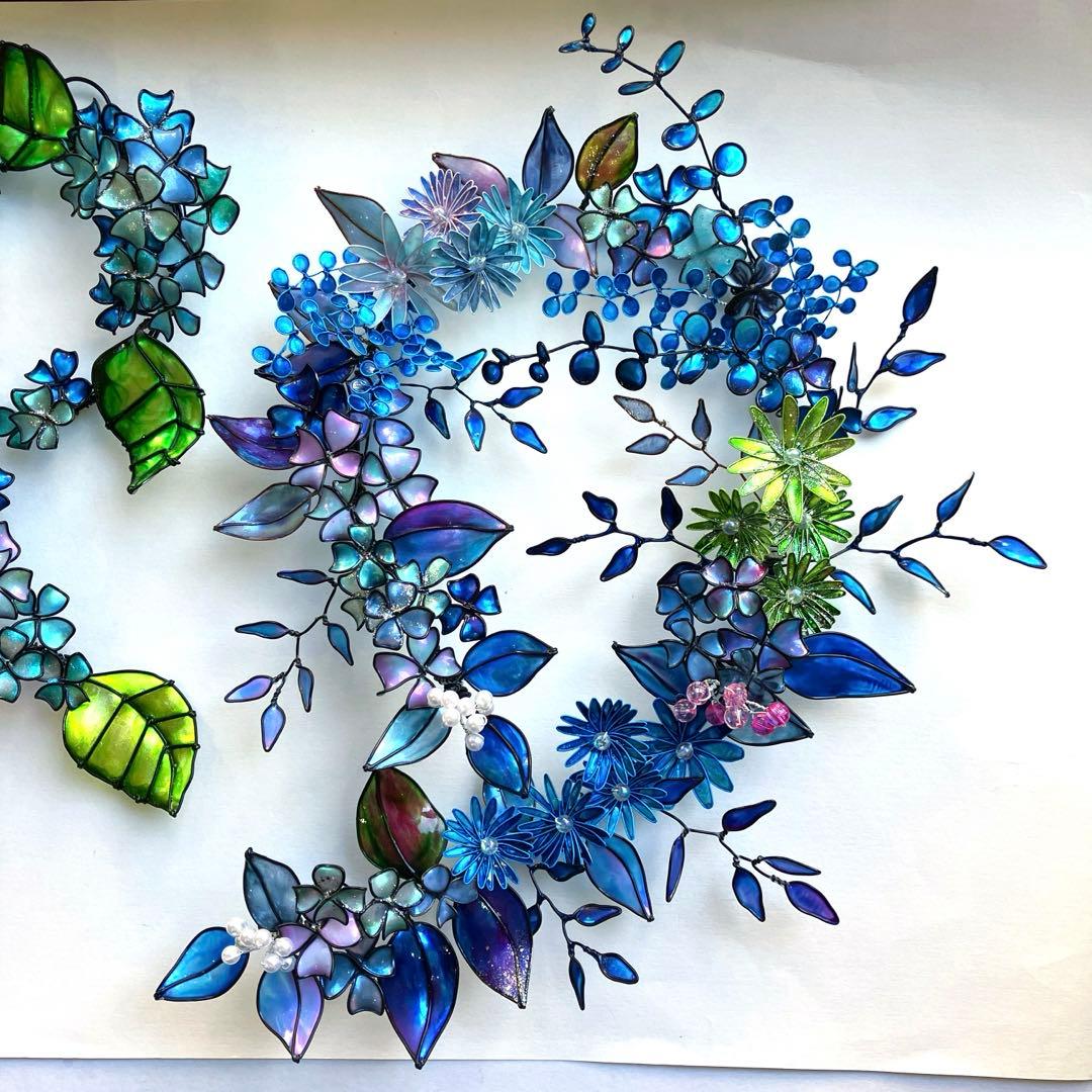 紫陽花リース　青ボタニカルリース　ワイヤークラフト　ディップアート　壁飾り