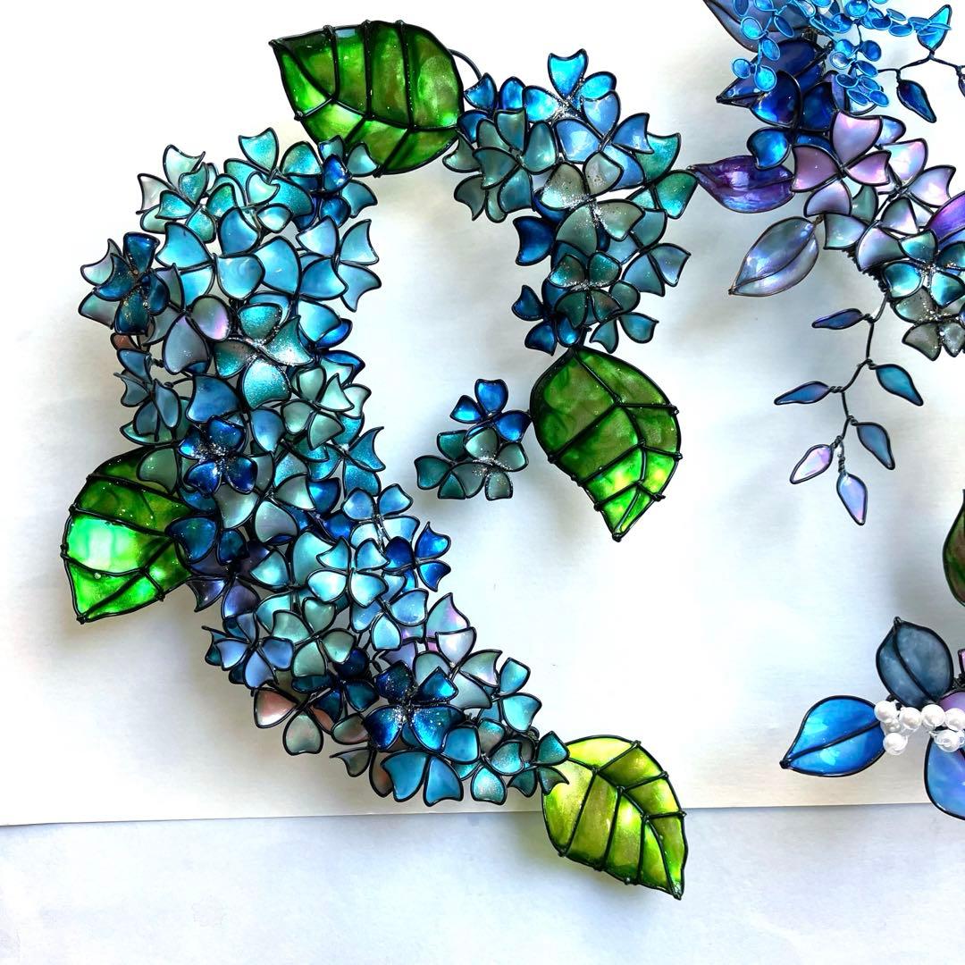 紫陽花リース　青ボタニカルリース　ワイヤークラフト　ディップアート　壁飾り