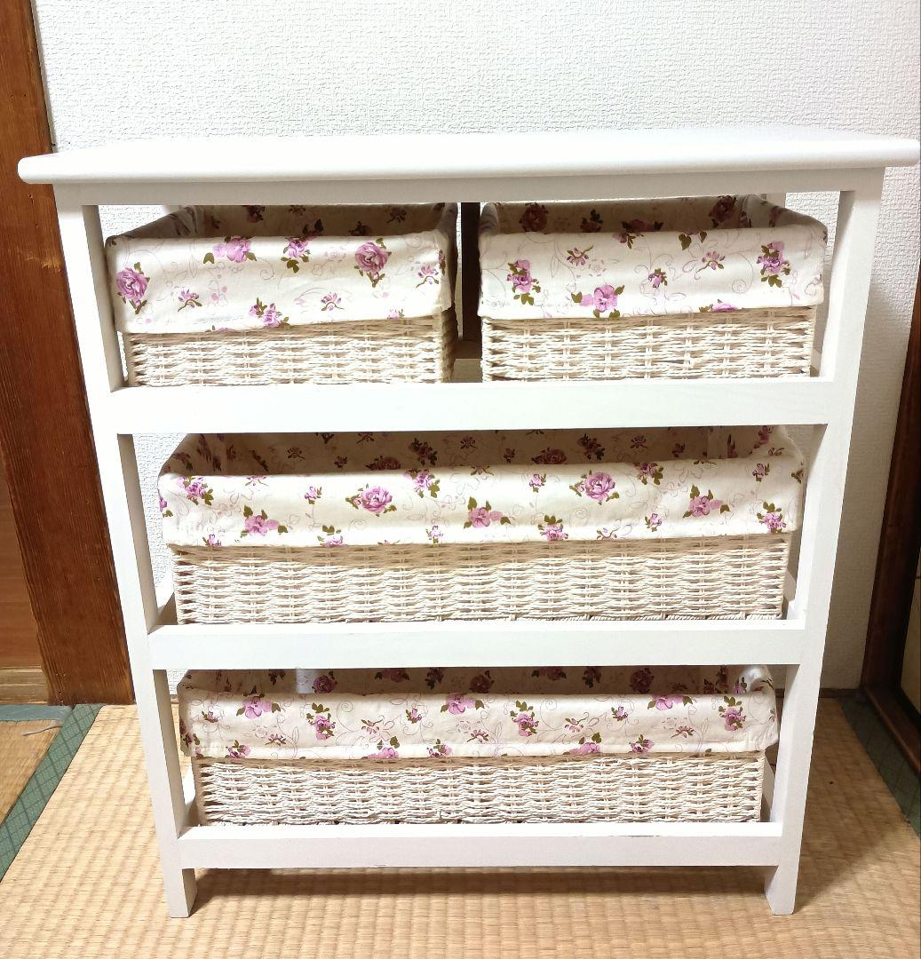 白家具　花柄　チェスト　バスケット　収納　籠