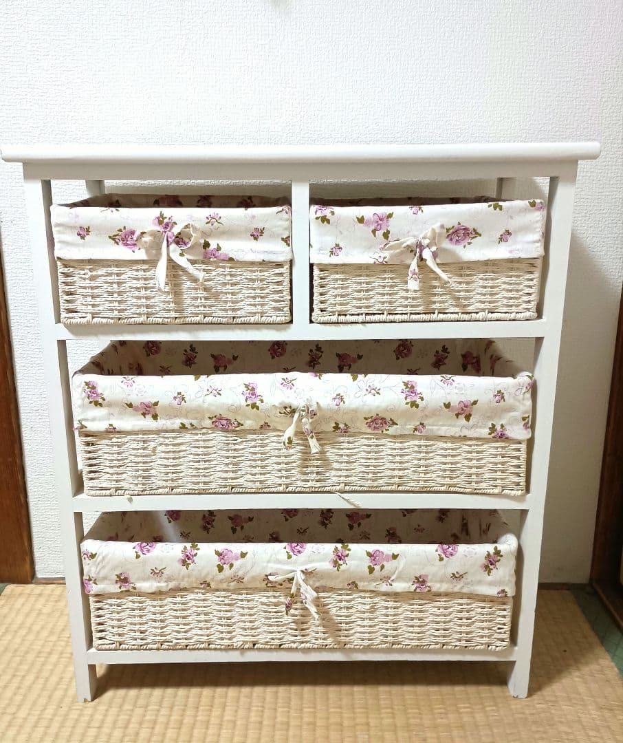 白家具　花柄　チェスト　バスケット　収納　籠
