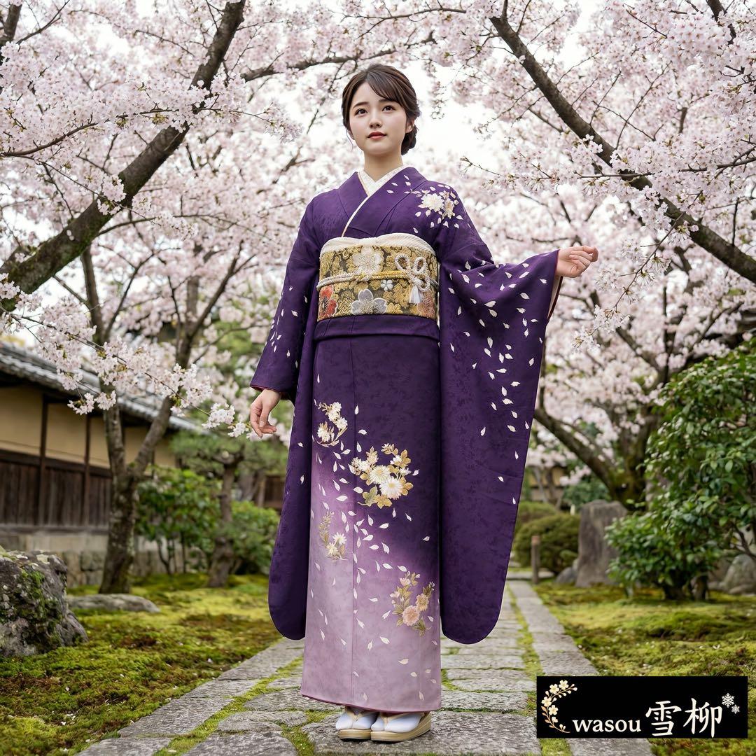 夜桜♡豪華刺繍 振袖フルセット 濃紫 枝垂れ桜 Sサイズ 成人式 小柄な方
