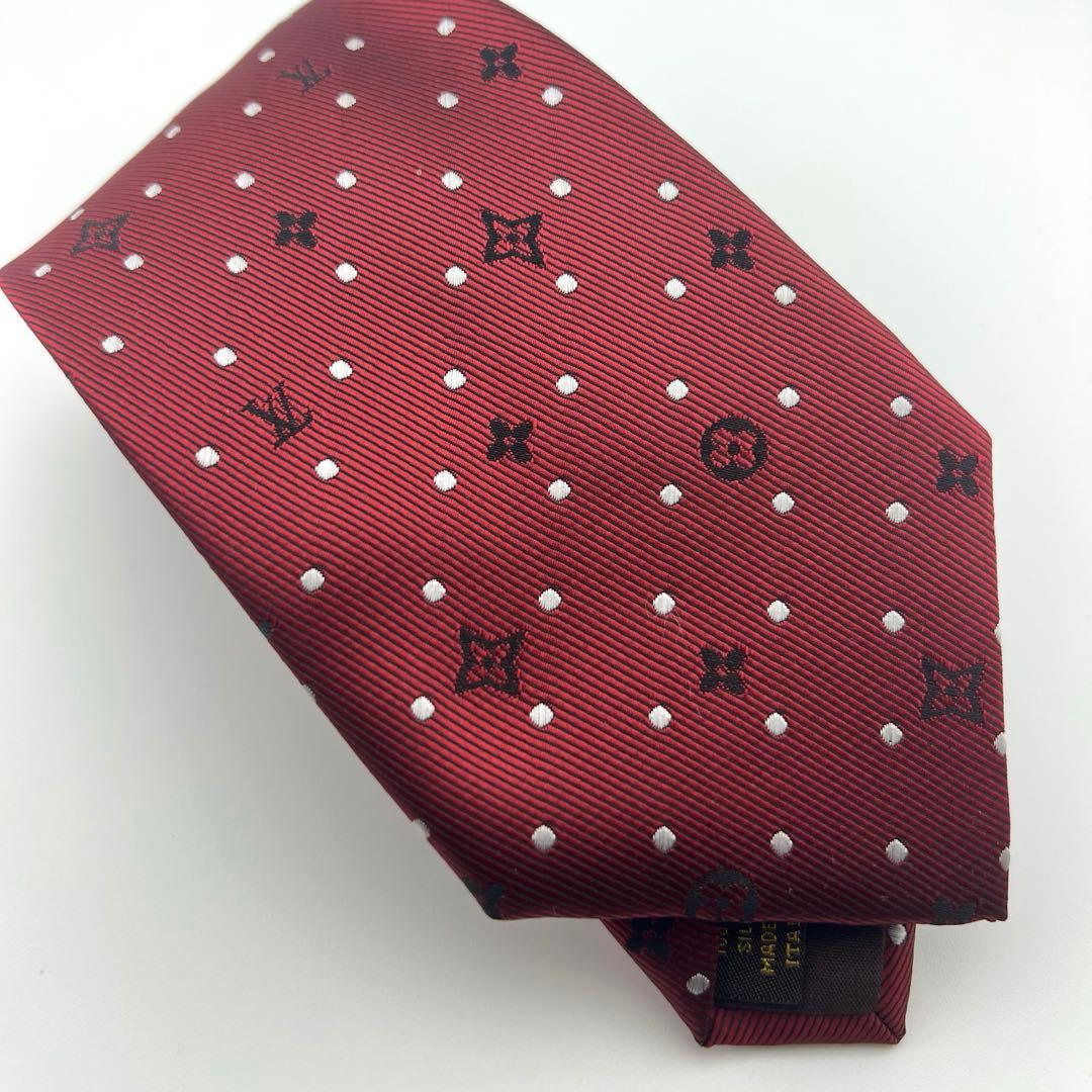 新品同様　ルイヴィトン モノグラム×ドット柄 シルクネクタイ レッド