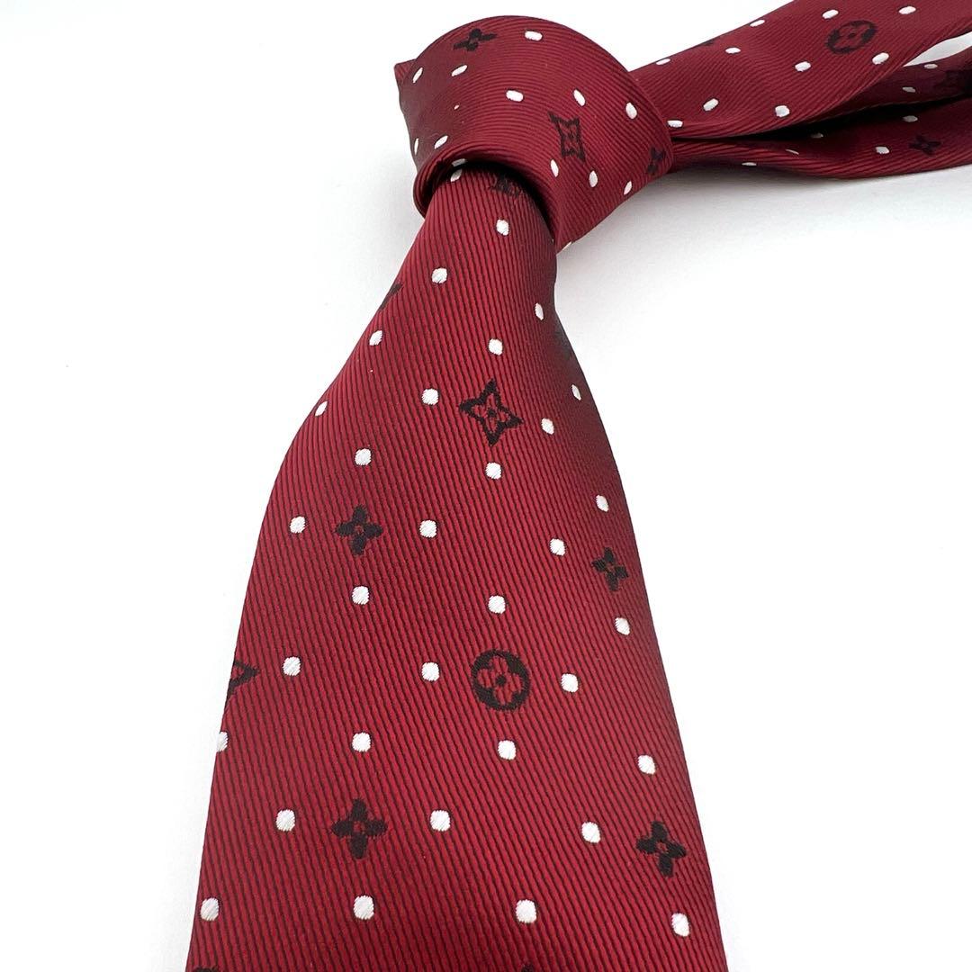 新品同様　ルイヴィトン モノグラム×ドット柄 シルクネクタイ レッド
