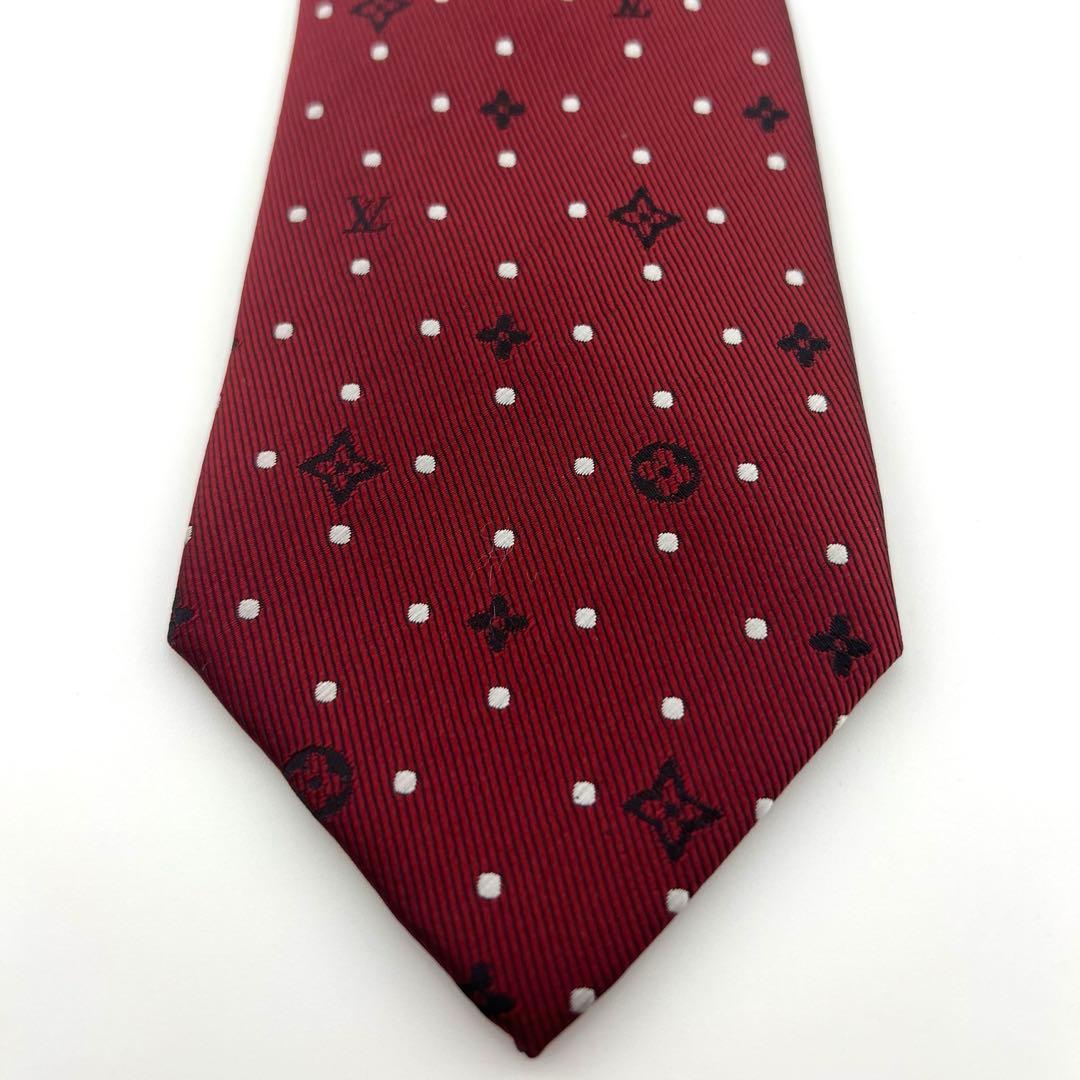 新品同様　ルイヴィトン モノグラム×ドット柄 シルクネクタイ レッド