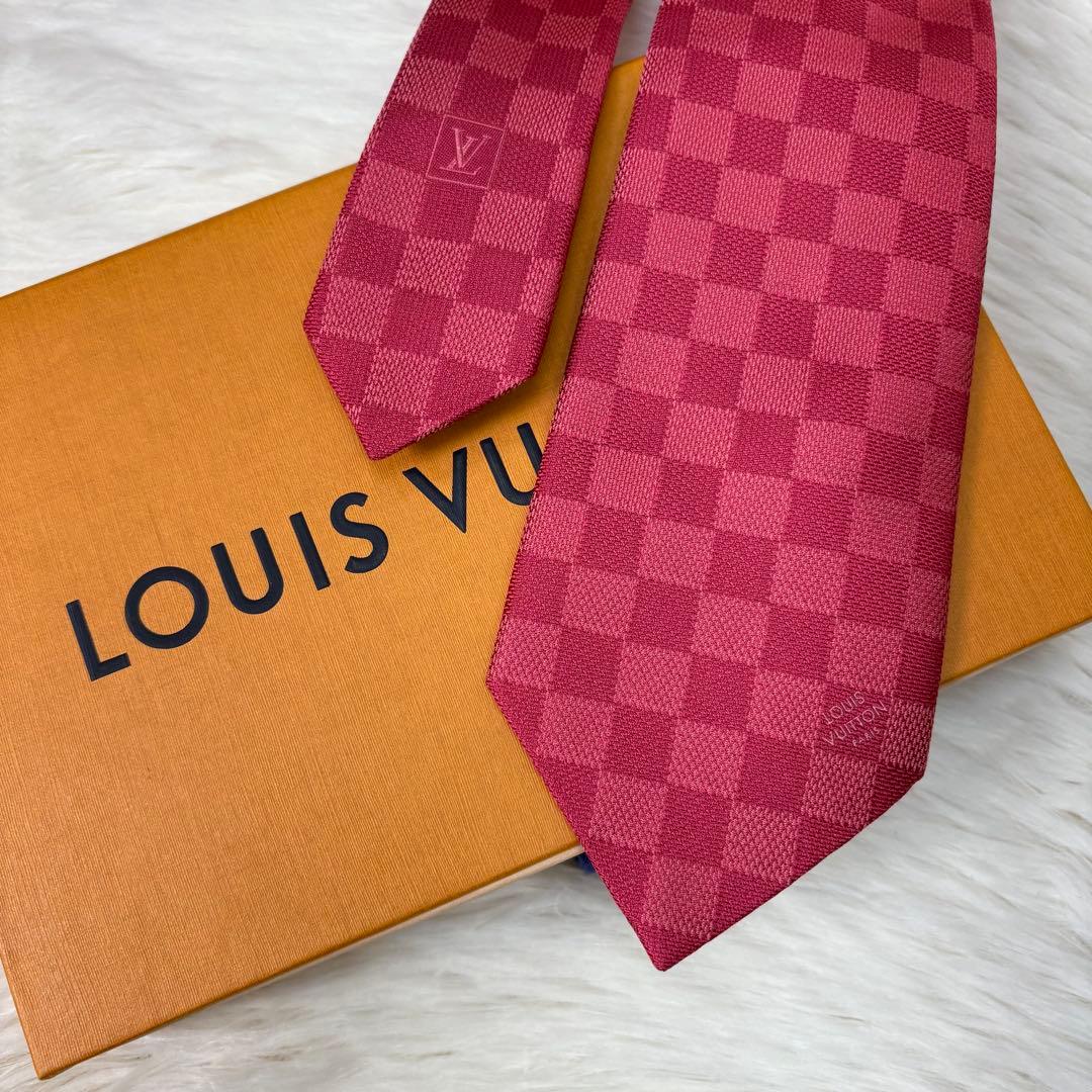 極美品 ルイヴィトン ダミエ 現行 シルク ネクタイ ピンク