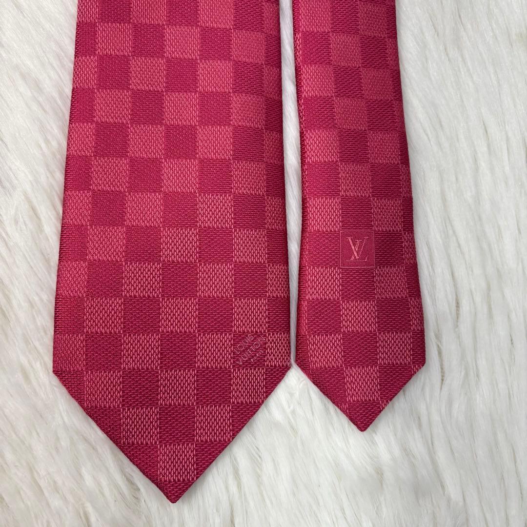 極美品 ルイヴィトン ダミエ 現行 シルク ネクタイ ピンク