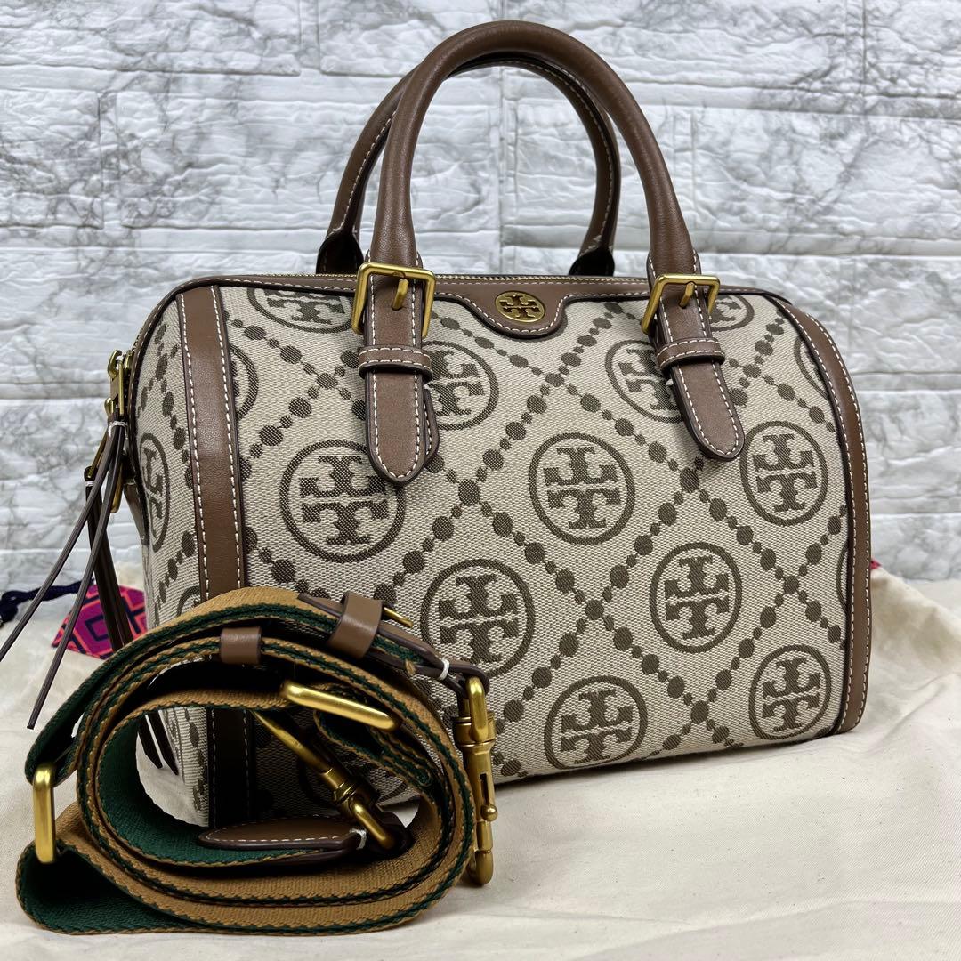 【未使用級】トリーバーチ Tモノグラム ジャカード　バレルバッグ 2way