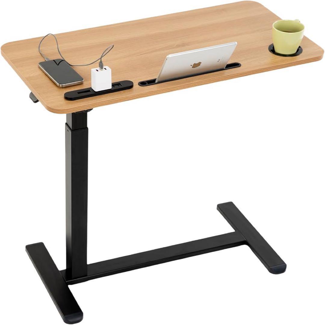 サイドテーブル昇降式 ガス圧昇降ベッドテーブル PCテーブル (木の色)