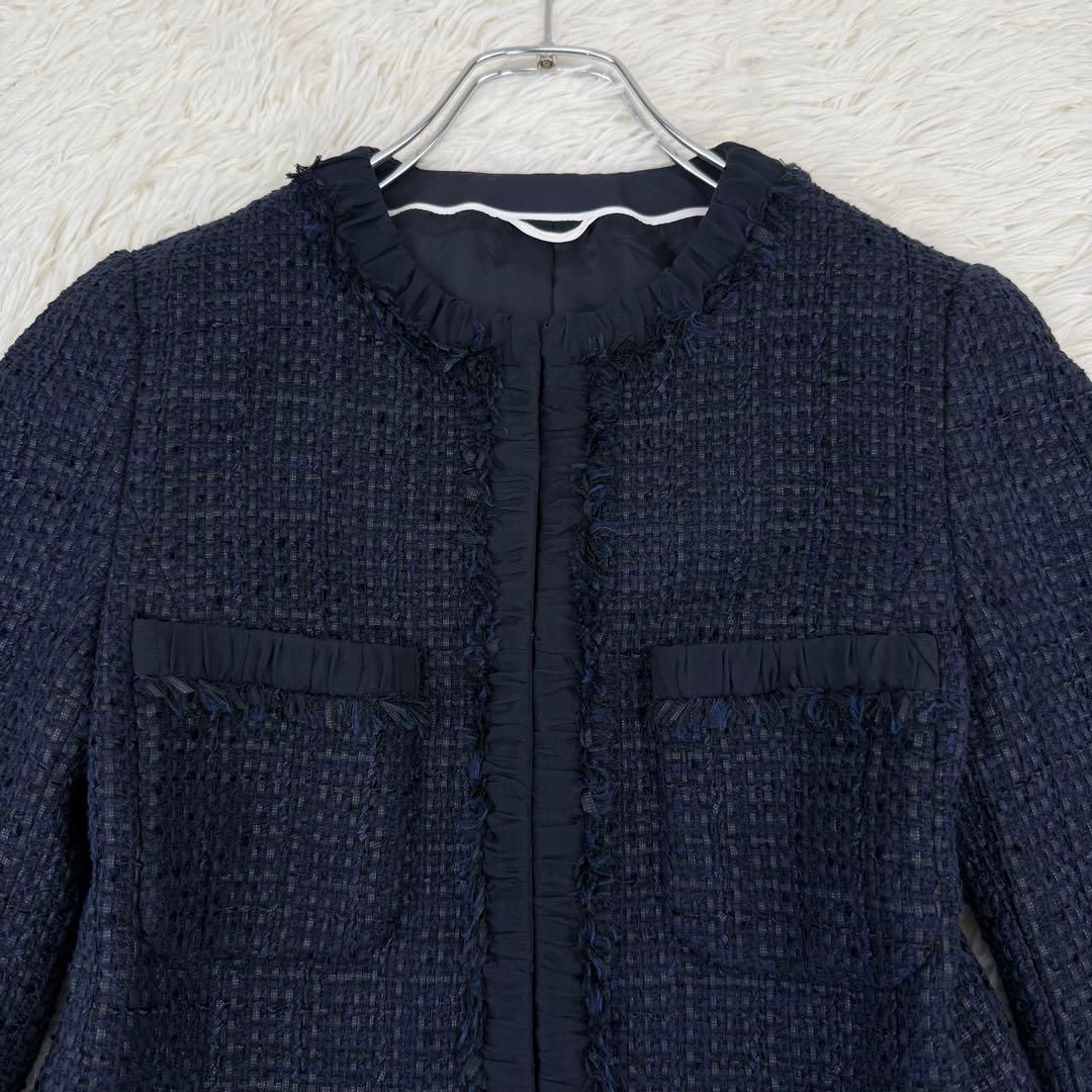 美品 アナイ ミックスツィードノーカラージャケット 濃紺 36 ANAYI