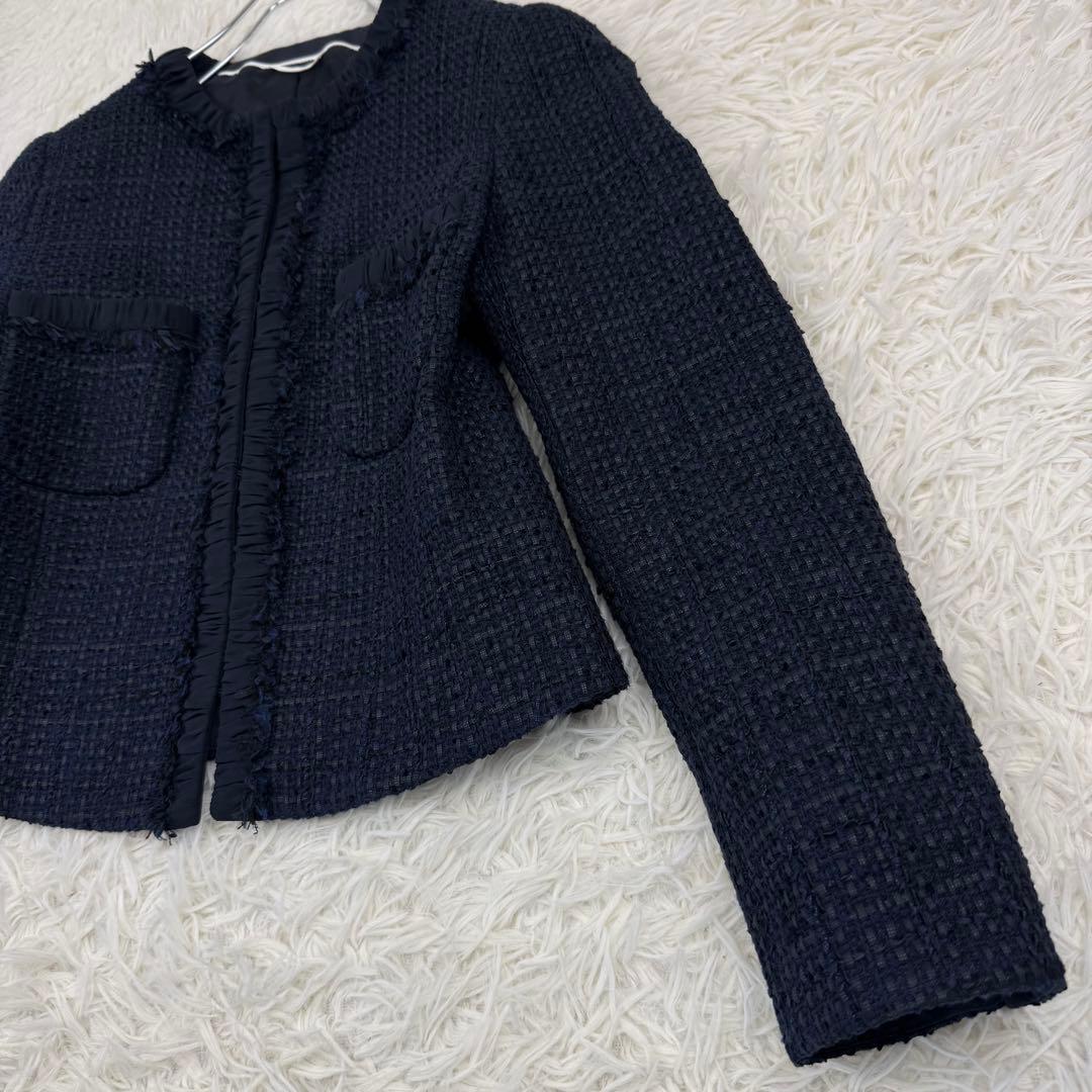 美品 アナイ ミックスツィードノーカラージャケット 濃紺 36 ANAYI