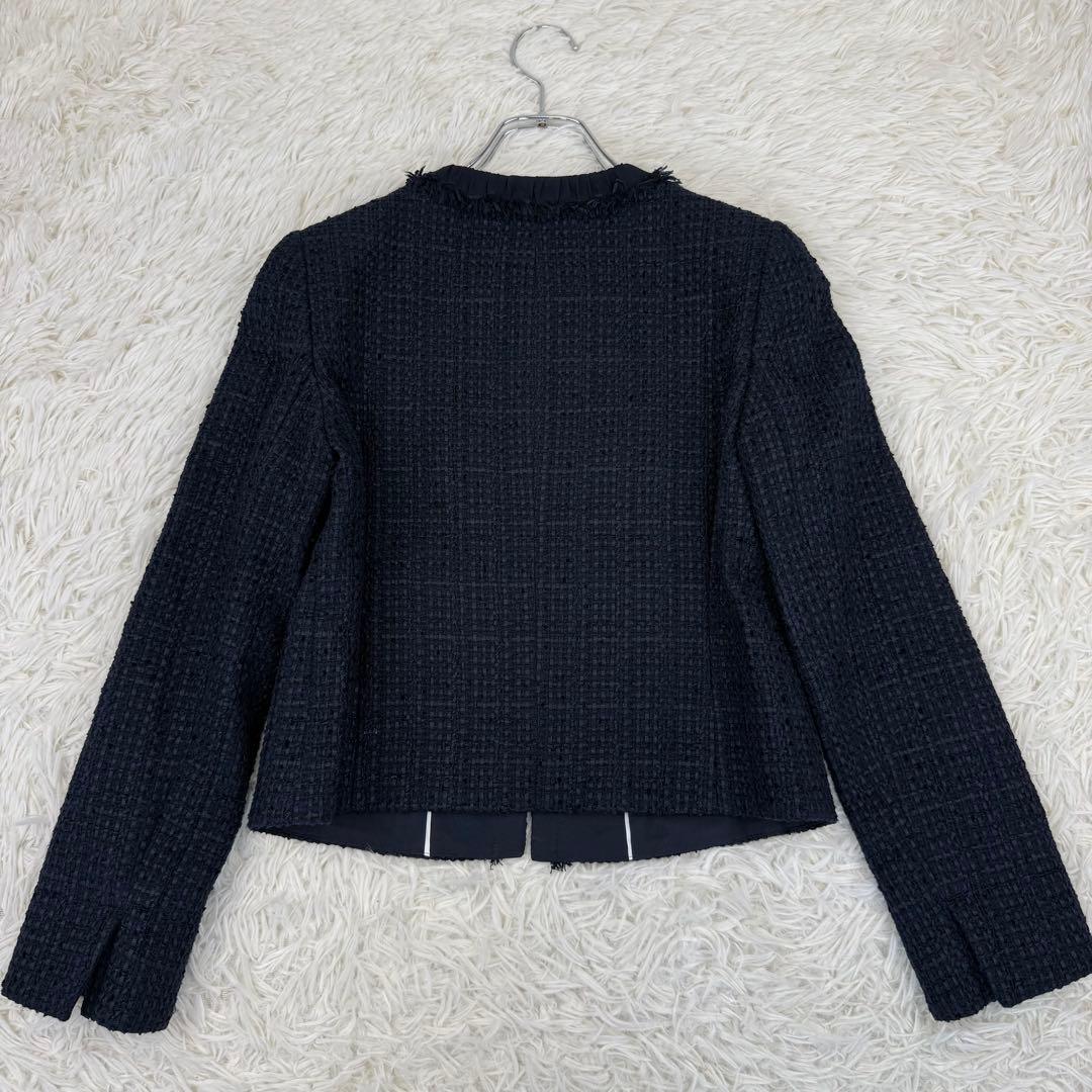 美品 アナイ ミックスツィードノーカラージャケット 濃紺 36 ANAYI