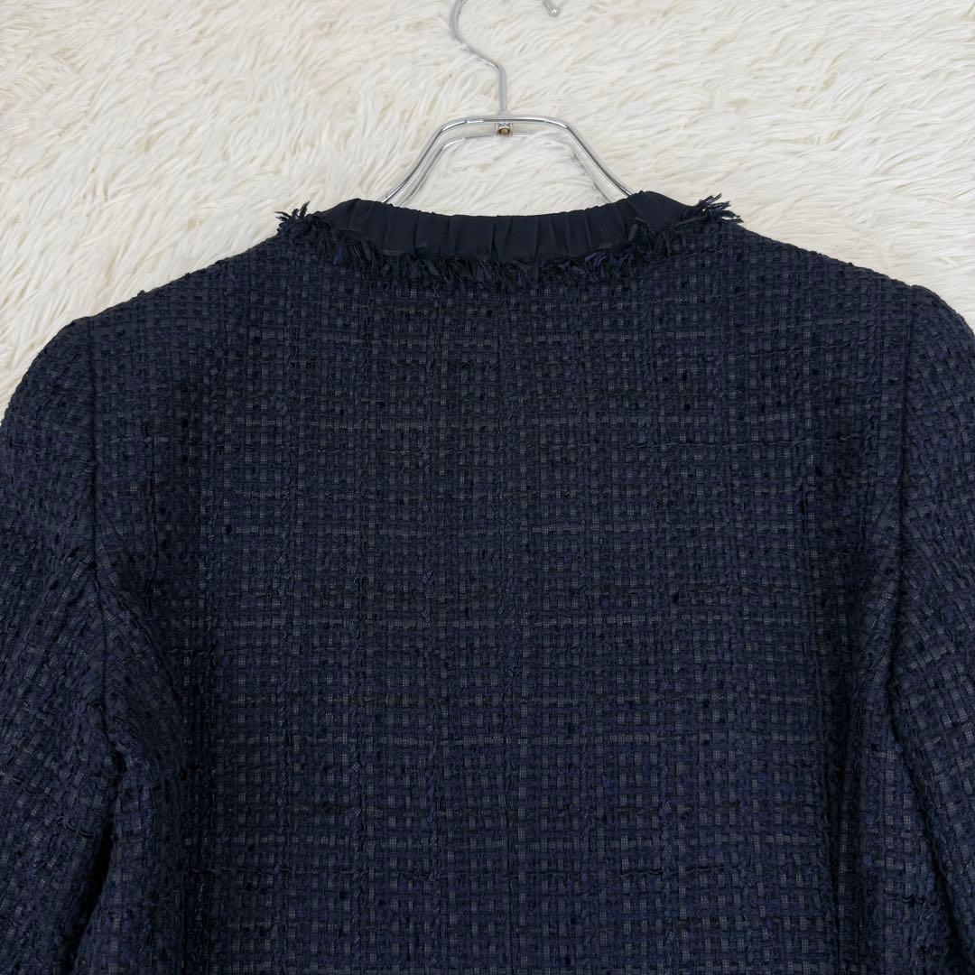 美品 アナイ ミックスツィードノーカラージャケット 濃紺 36 ANAYI