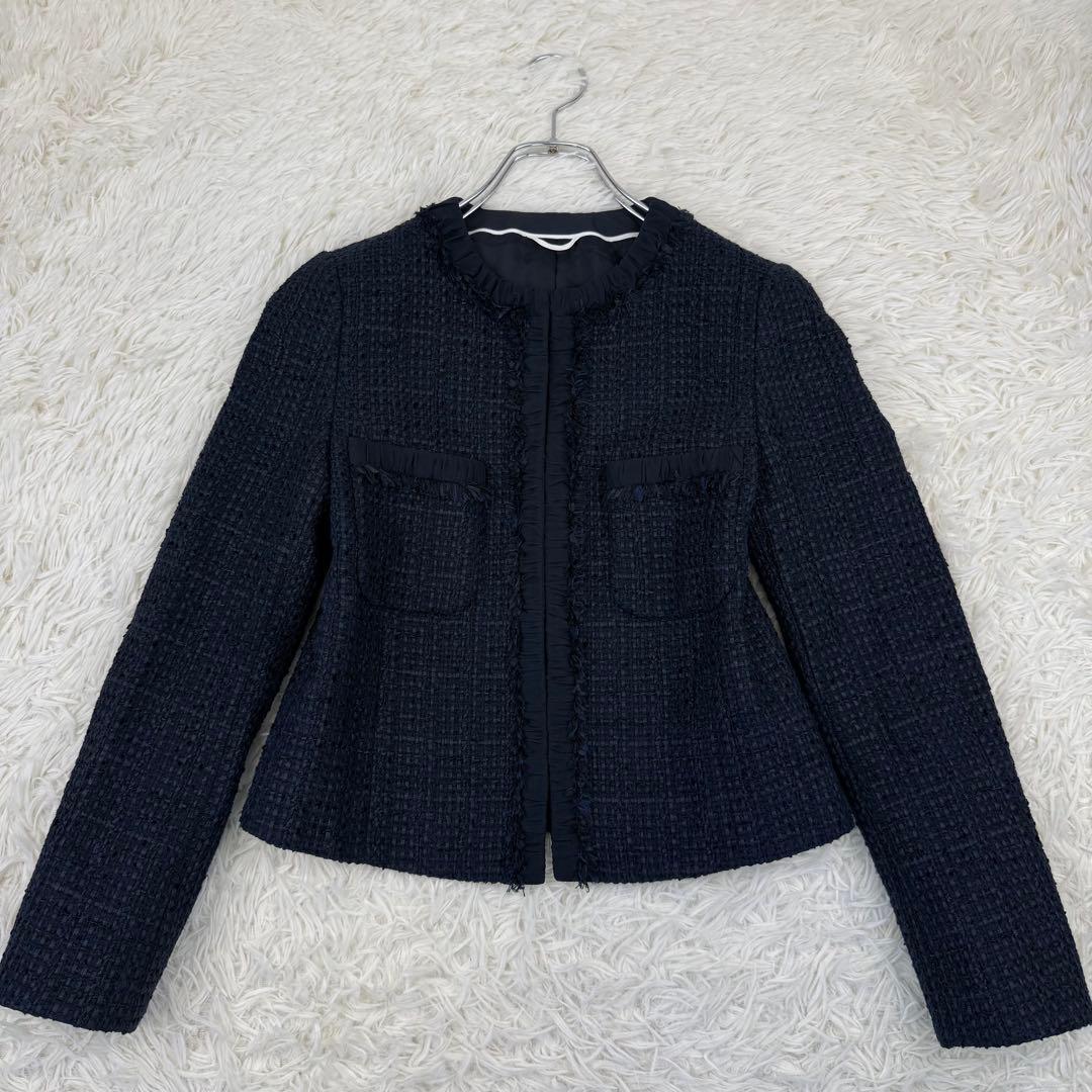 美品 アナイ ミックスツィードノーカラージャケット 濃紺 36 ANAYI