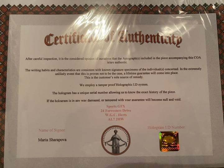 女子テニスチャンプ　マリア・シャラポワ 直筆サイン入りフォト ケース・証明書付き