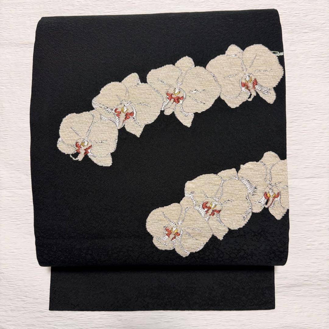 m-58 胡蝶蘭 ビロード 名古屋帯 正絹 黒地 極美品