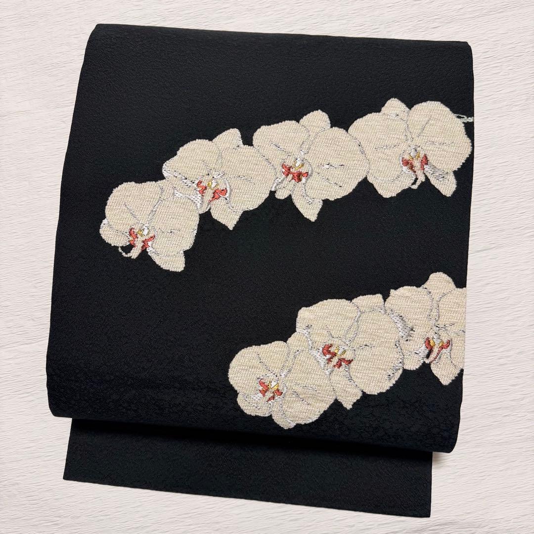 m-58 胡蝶蘭 ビロード 名古屋帯 正絹 黒地 極美品